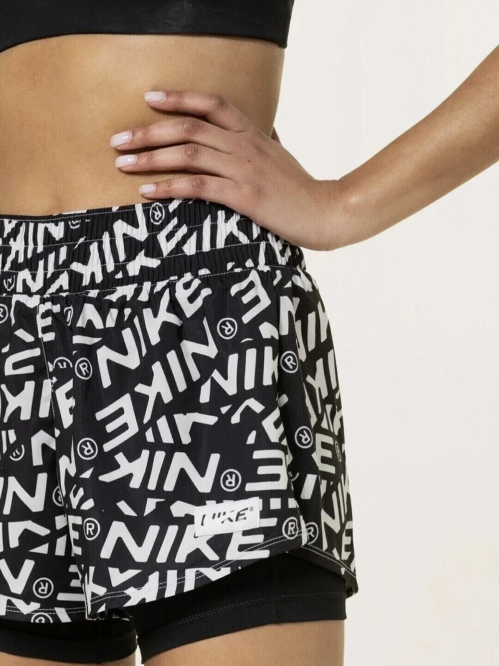 Nike Black & White Logo-Print 2-in-1 Athletic Shorts